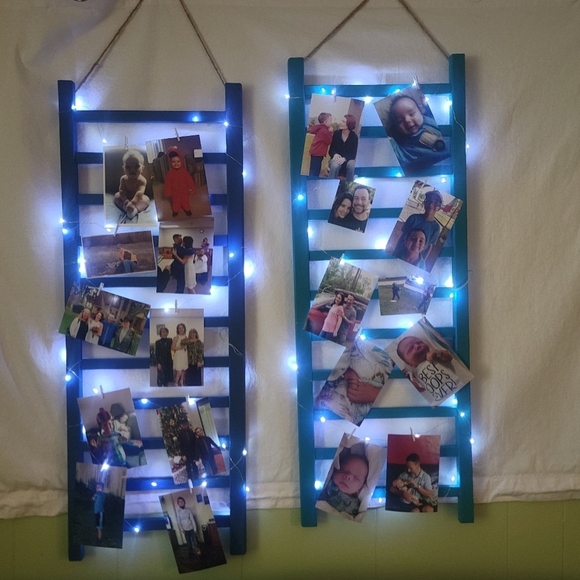 Repurposed Ladder Picture Frame with Fairy Lights - Picture 1 of 6